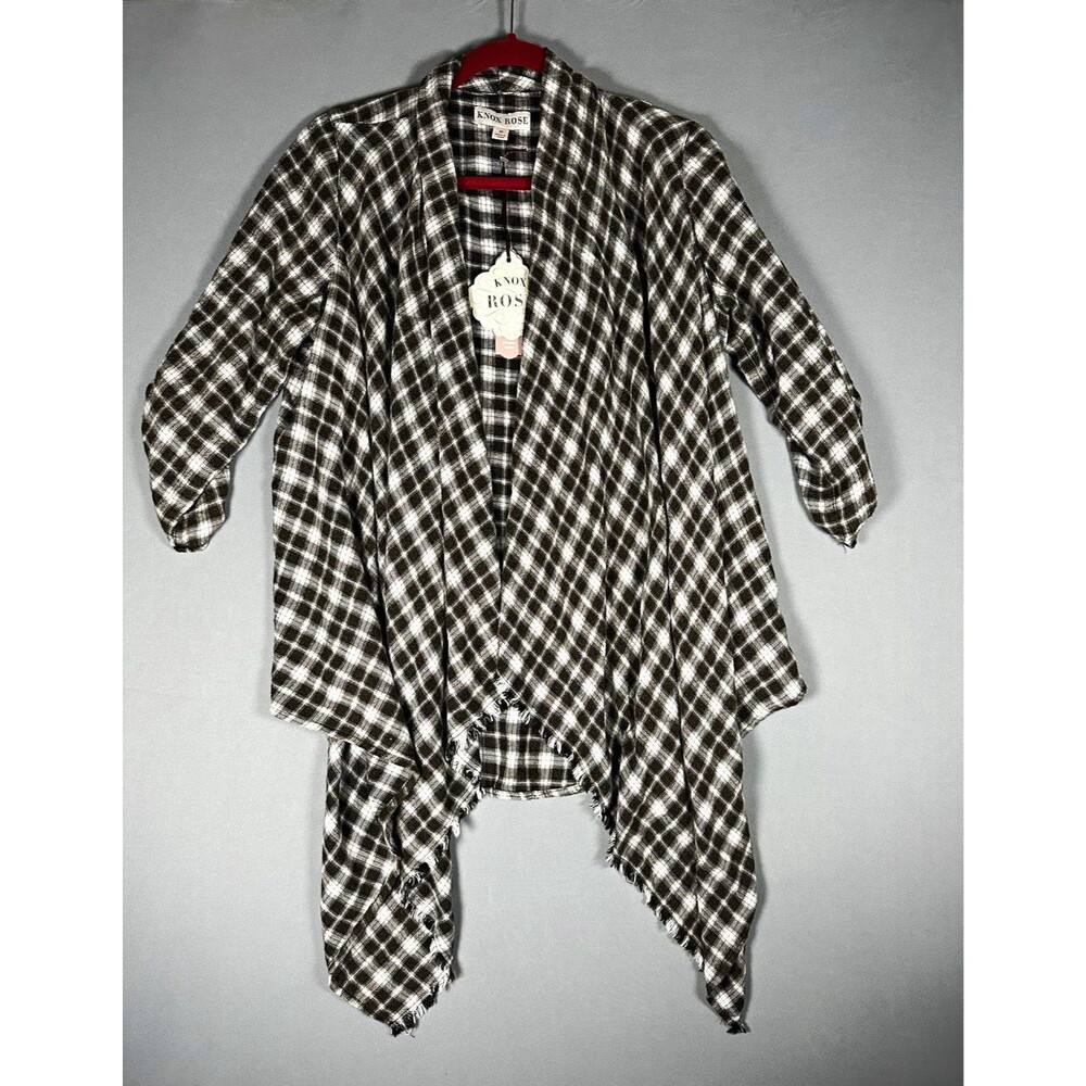 Knox Rose Women's Plaid Open Front Fringe Long Sleeve Flannel Rayon Kimono M